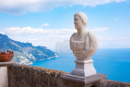 Terrace of villa Cimbrone with marble statues over sea overlooking Amalfi coast