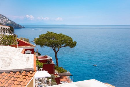 Photo for Pine tree and Positano town on Amalfi coast, Italy - Royalty Free Image