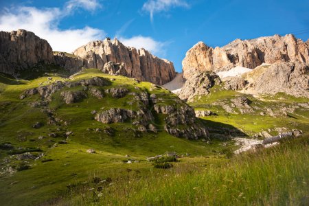 Dolomite alps in Italy, high mountain and green forest