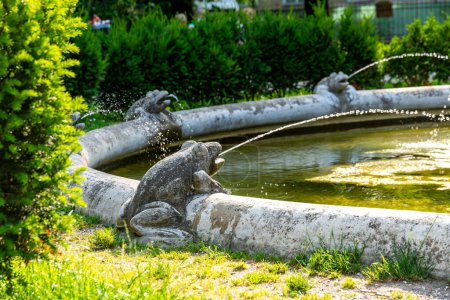 Vicenza, Venetien - Italy - 06-12-2021: Stone frog sculptures in the act of spouting water into a circular basin, framed by greenery
