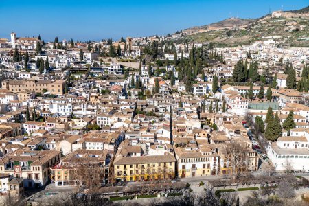 Granada, Granada - Spain - 01-30-2024: Panoramic cityscape view of Albaicin district in Granada under clear sky