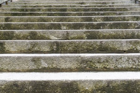Löbau, Sachsen - Deutschland - 17.04.2021: Veraltete Steintreppe mit Moos, die den Verschleiß von Zeit und Elementen anzeigt