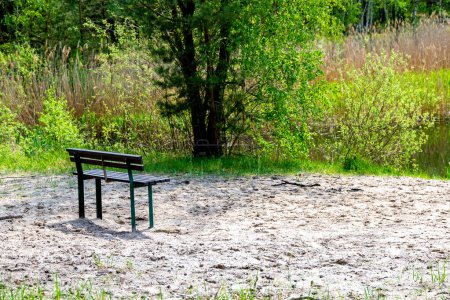 Gruenefeld, Brandenburg - Germany - 05-15-2021: A lone bench sits on sandy ground by a tranquil pond, surrounded by vibrant greenery under bright sunlight