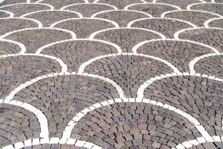 Téléchargez les photos : Trévise, Vénétie - Italie - 06-08-2021 : Des pavés géométriques attrayants avec des arcs entrelacés de pavés gris et blancs pleins de lumière du soleil, comme arrière-plan - en image libre de droit