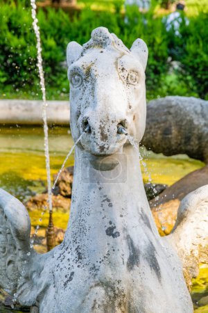 Téléchargez les photos : Vicence, Venetien - Italie - 06-12-2021 : Gros plan d'une statue de tête de cheval crachant de l'eau de son nez à la fontaine Winged Horse de Vicence - en image libre de droit