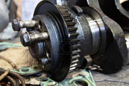 front view of a car crankshaft. fastening of the flywheel of the car