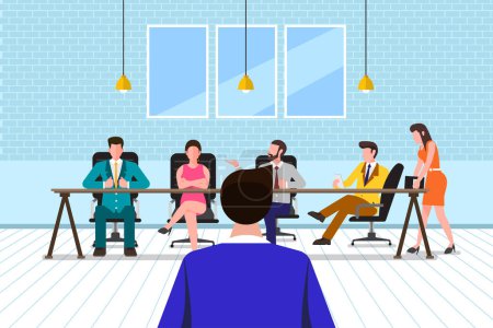 Illustration for Employer and candidate talking at a job interview. Job interview and employment, business meeting and recruitment. Vector Illustrations - Royalty Free Image