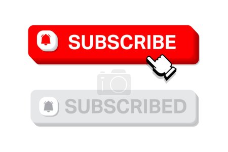 Illustration for Subscribe, bell button. Red button subscribe to channel, blog. Social media button graphic user interface. Vector illustration. - Royalty Free Image