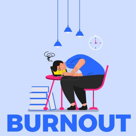Ilustración de Burnout. Síndrome de burnout profesional. Gerente hombre cansado con batería completa y de baja energía trabajando en el ordenador en el lugar de trabajo.Burnout emocional. Un trabajador cansado está sentado a la mesa. - Imagen libre de derechos