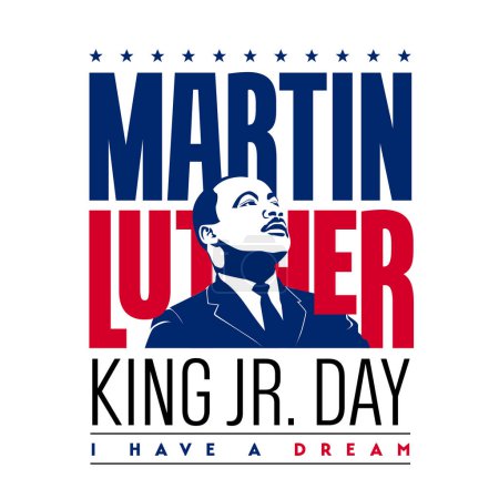 Ilustración de Martin Luther King Jr., ilustraciones vectoriales, diseño de tarjetas de felicitación tipográfica. Diseño gráfico para banner, bandera de EE.UU.. - Imagen libre de derechos