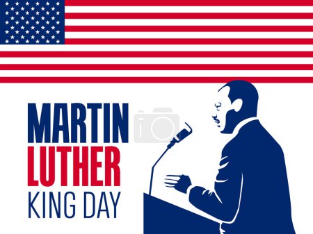 Ilustración de Martin Luther King Jr., ilustraciones vectoriales, diseño de tarjetas de felicitación tipográfica. Diseño gráfico para banner, bandera de EE.UU.. - Imagen libre de derechos