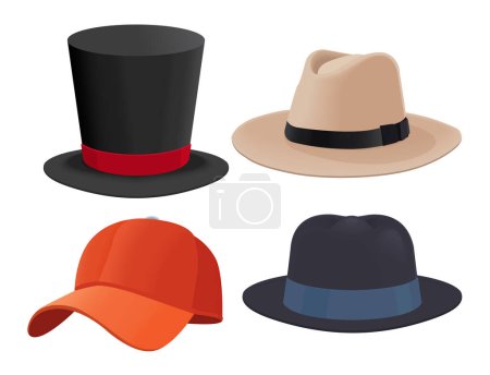 Illustration for Vector hat collection illustrate, Female and male headwear, derby and cowboy, straw hat, cap, panama and cylinder. eps - Royalty Free Image