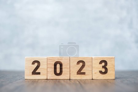 Photo for 2023 year block on table. goal, Resolution, strategy, plan,, start, budget, mission, action, motivation and New Year holiday concepts - Royalty Free Image