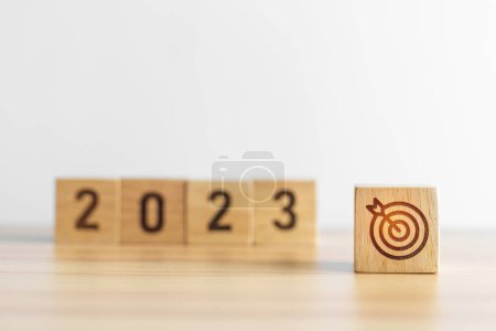 Photo for 2023 block with dartboard icon. Goal, Target, Resolution, strategy, plan, Action, mission, motivation, and New Year start concepts - Royalty Free Image