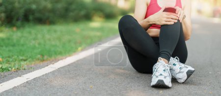 Photo for Adult woman with muscle pain during running. runner have knee ache due to Runners Knee or Patellofemoral Pain Syndrome, osteoarthritis and Patellar Tendinitis. Sports injuries and medical concept - Royalty Free Image