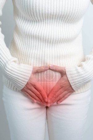 Woman having Stomach pain. Ovarian and Cervical cancer, Cervix disorder, Endometriosis, Hysterectomy, Uterine fibroids, Reproductive system, menstruation, diarrhea and Pregnancy concept