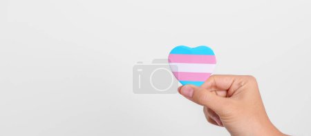 Foto de Día Transgénero y mes del orgullo LGBT, concepto LGBTQ + o LGBTQIA +. mano sosteniendo azul, rosa y blanco forma de corazón para Lesbianas, Gay, Bisexuales, Transgénero, Queer y la comunidad Pansexual - Imagen libre de derechos