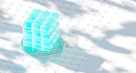 Photo for Cryptocurrency or AI concept. Abstract 3D Rendering in a modernb AD style. Bunch of glass cubes on a stand in a white digital space. - Royalty Free Image