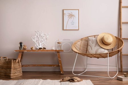 Téléchargez les photos : Sunny and cozy interior of living room with wooden bench, furniture, mock up poster frame, bamboo ladder, flowers in vase, decoration and personal accessories. Stylish home decor. Template. - en image libre de droit