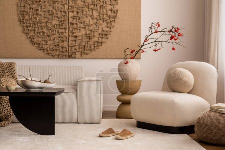 Téléchargez les photos : Aesthetic composition of living room interior with mock up poster frame, modular sofa, oval shapes armchair, stylish coffee table, vase with rowan and personal accessories. Home decor. Template. - en image libre de droit