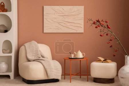 Foto de Creative composition of living room interior with mock up poster frame, stylish armchair, white pouf, orange coffee table, plaid, vase with rowan, book and personal accessories. Home decor. Template. - Imagen libre de derechos