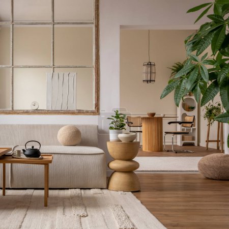Open space interior with modular sofa, wooden coffee table, big window, beige rug, round pillow, stylish table, lamp, plants, vase with leaves and personal accessories. Home decor. Template.