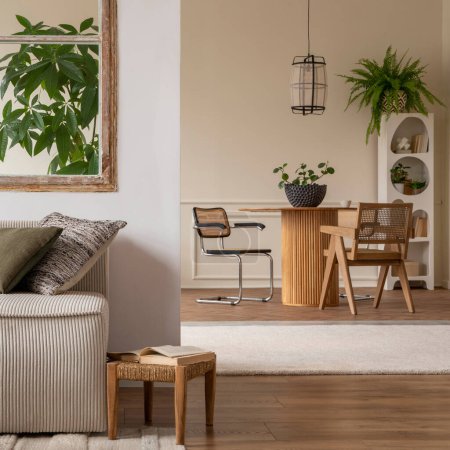 Téléchargez les photos : Interior design of cozy open space with modular sofa, green pillows, braided plaid, wooden coffee table, rattan armchair, round table, plants and personal accessories. Home decor. Template. - en image libre de droit