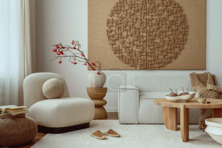 Photo for Interior design of living room interior with mock up poster frame, modular sofa, wooden coffee table, oval shape armchair, vase with rowan, pillows, pouf and personal accessories. Home decor. Template - Royalty Free Image