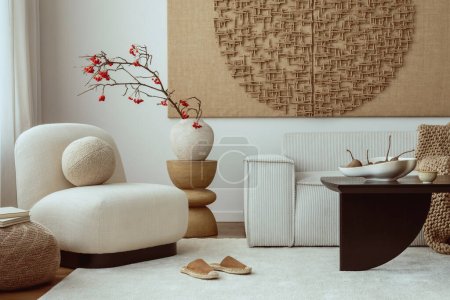 Photo for Aesthetic composition of living room interior with mock up poster frame, modular sofa, oval shapes armchair, stylish coffee table, vase with rowan and personal accessories. Home decor. Template. - Royalty Free Image