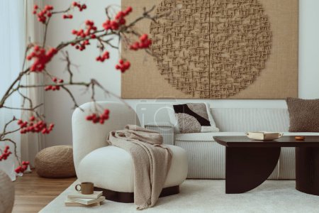 Photo for Creative composition of living room interior with mock up poster frame,  rounded shapes armchair, plaid, modular sofa, pillows, black coffee table and personal accessories. Home decor. Template. - Royalty Free Image