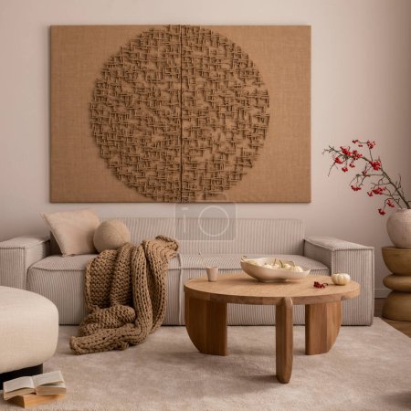 Photo for Creative composition of living room interior with mock up poster frame, beige sofa, wooden coffee table, rounded shapes armchair, vase with rowanberry and personal accessories. Home decor. Template - Royalty Free Image