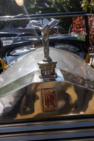 Photo for Aguas de Lindoia SP, Brazil - jun 08, 2023 - Outdoor vintage car show. Close-up of historic Rolls Royce  car model logo. - Royalty Free Image
