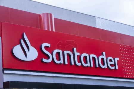 Photo for Sao Paulo, Brazil - jan 04., 2023 - Logo and lettering of Santander, a Spanish multinational commercial bank and financial services company founded in 1857. - Royalty Free Image