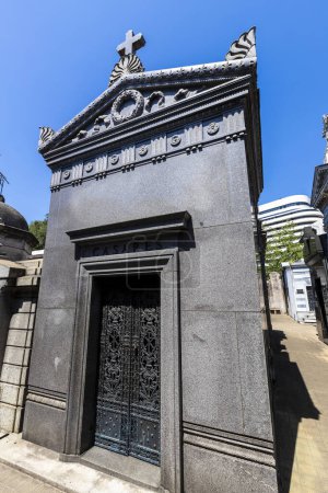 Photo for Buenos Aires, Argentina - Jan31, 2024 - View of the world famous landmark, La Recoleta Cemetery, with historic monumental graves with sculptures and architecture, tomb of writer adolfo bioy casares - Royalty Free Image