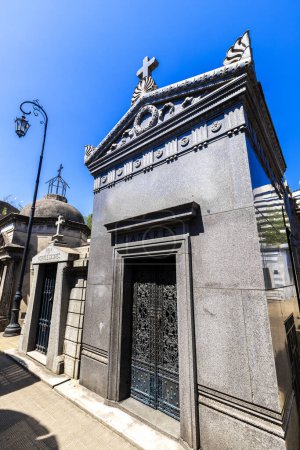 Photo for Buenos Aires, Argentina - Jan31, 2024 - View of the world famous landmark, La Recoleta Cemetery, with historic monumental graves with sculptures and architecture. Tomb of writer adolfo bioy casares - Royalty Free Image