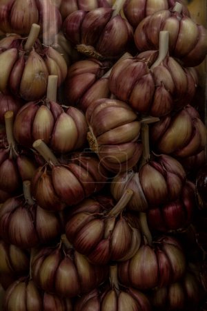 Garlic on display at a street market stall in Sao Paulo, Brazil