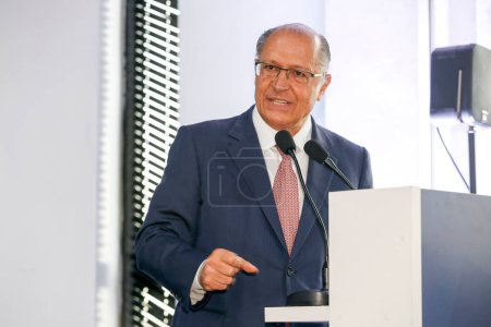 Photo for Sao Paulo, Brazil - may05, 2017 - Geraldo Alckmin, vice president of Brazil,, speaks with reporters after a meeting with members of the government. - Royalty Free Image