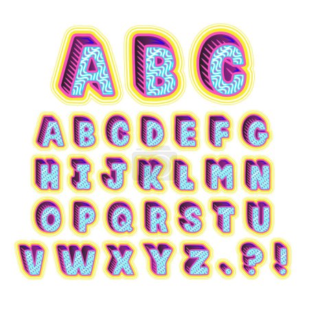 Foto de Una colección de letras de fuente en un estilo retrowave con acentos azules, rosados y amarillos. - Imagen libre de derechos
