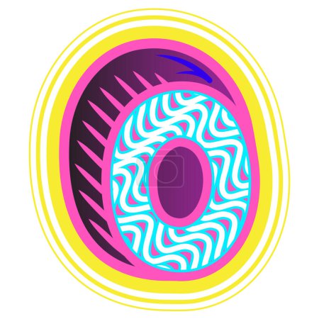 Illustration for A decorative letter "O" in a retrowave style with blue, pink, and yellow accents. - Royalty Free Image