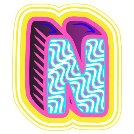 Illustration for A decorative letter "N" in a retrowave style with blue, pink, and yellow accents. - Royalty Free Image