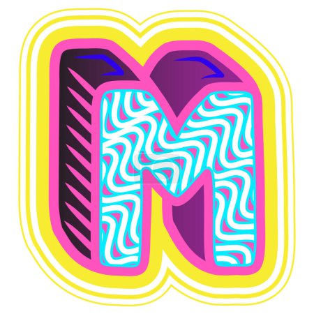Illustration for A decorative letter "M" in a retrowave style with blue, pink, and yellow accents. - Royalty Free Image