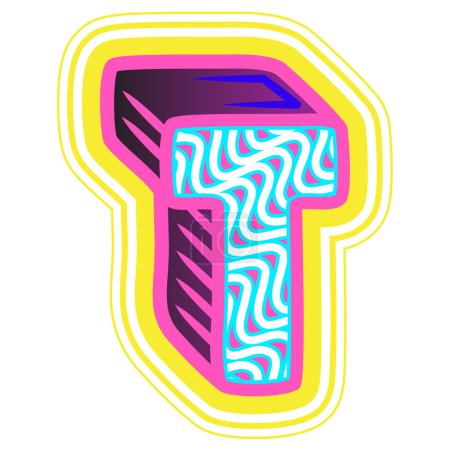 Illustration for A decorative letter "T" in a retrowave style with blue, pink, and yellow accents. - Royalty Free Image