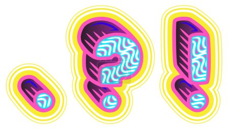 Illustration for A decorative set of 3 punctuation marks (period, question mark and exclamation mark) in a retrowave style with blue, pink, and yellow accents. - Royalty Free Image