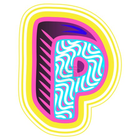 Illustration for A decorative letter "P" in a retrowave style with blue, pink, and yellow accents. - Royalty Free Image
