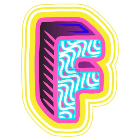 Illustration for A decorative letter "F" in a retrowave style with blue, pink, and yellow accents. - Royalty Free Image