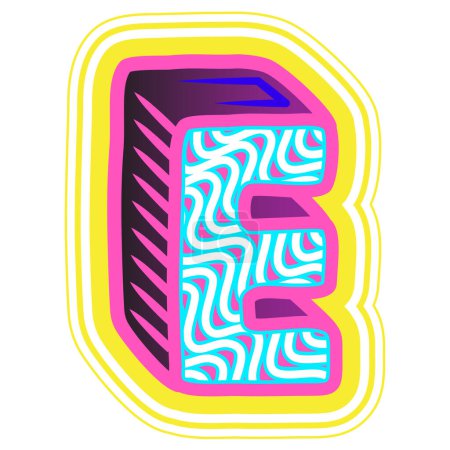 Illustration for A decorative letter "E" in a retrowave style with blue, pink, and yellow accents. - Royalty Free Image