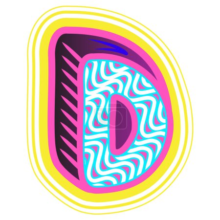 Illustration for A decorative letter "D" in a retrowave style with blue, pink, and yellow accents. - Royalty Free Image