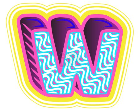 Illustration for A decorative letter "W" in a retrowave style with blue, pink, and yellow accents. - Royalty Free Image