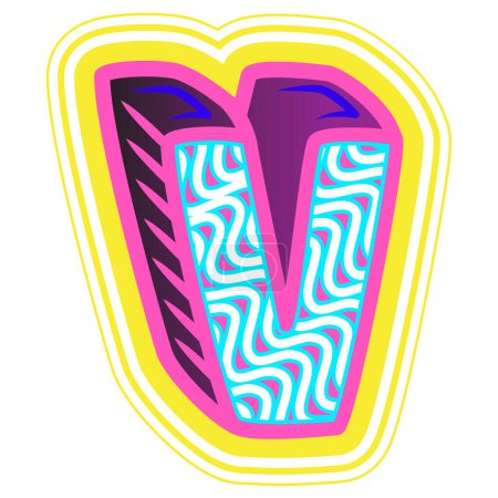 Illustration for A decorative letter "V" in a retrowave style with blue, pink, and yellow accents. - Royalty Free Image
