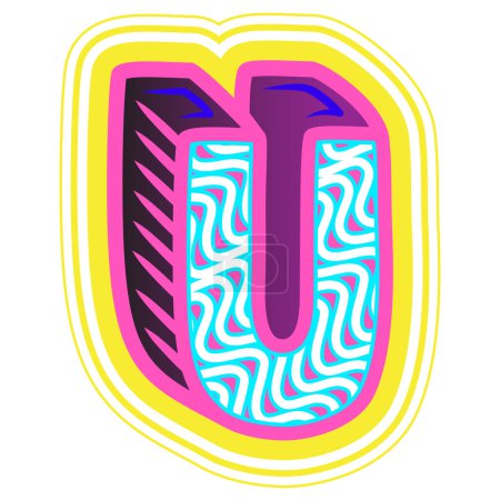 Illustration for A decorative letter "U" in a retrowave style with blue, pink, and yellow accents. - Royalty Free Image